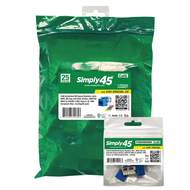 Simply45 Cat6 keystone jack 90° blå 25-pak