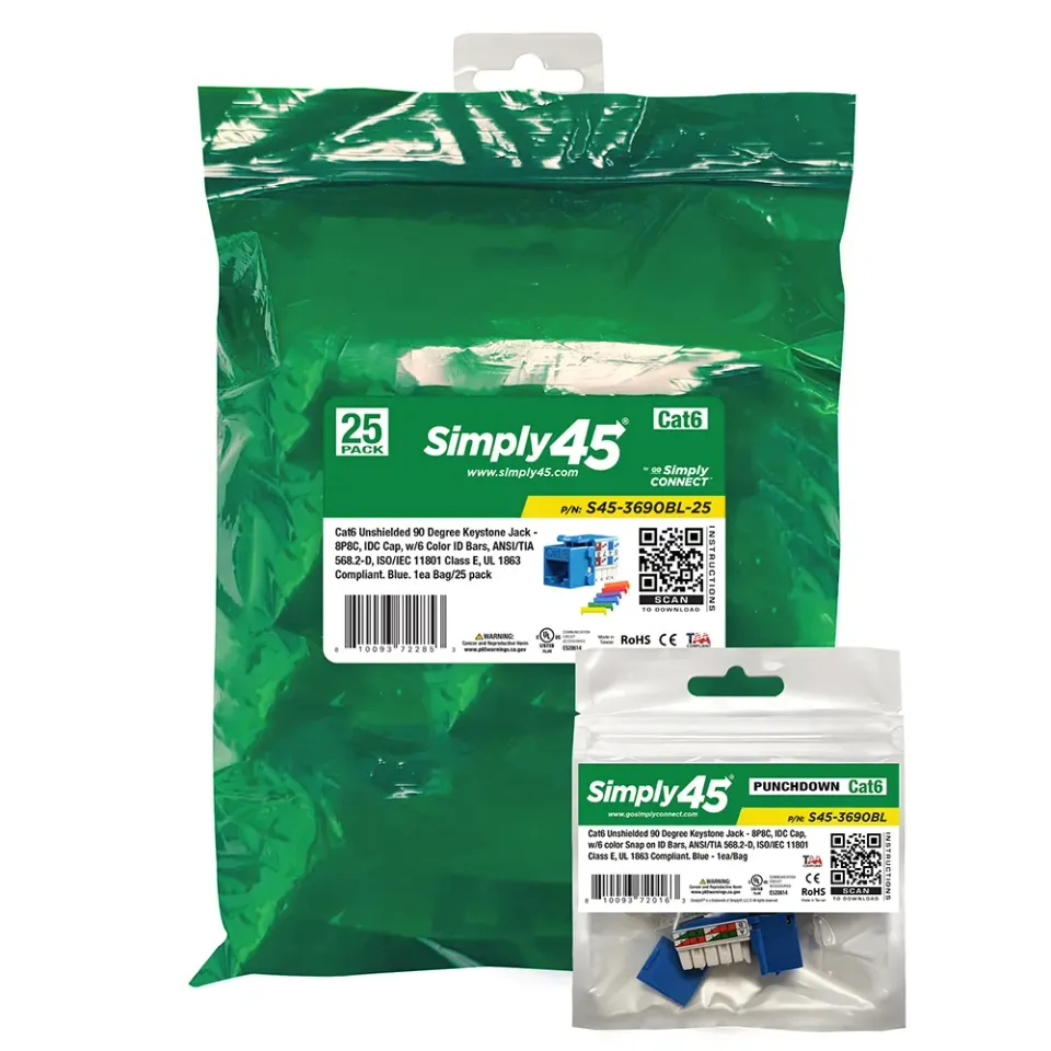 Simply45 Cat6 keystone jack 90° blå 25-pak
