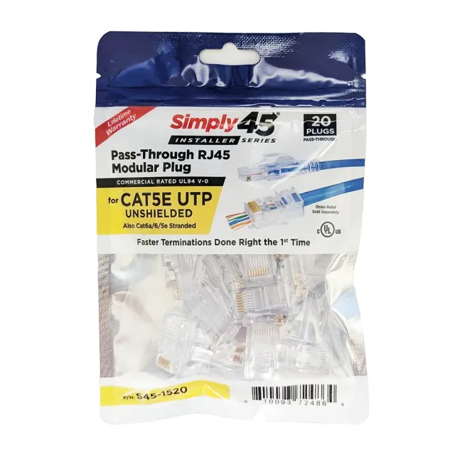 Simply45 RJ45 stik Cat5e pass-through 20-pak blå