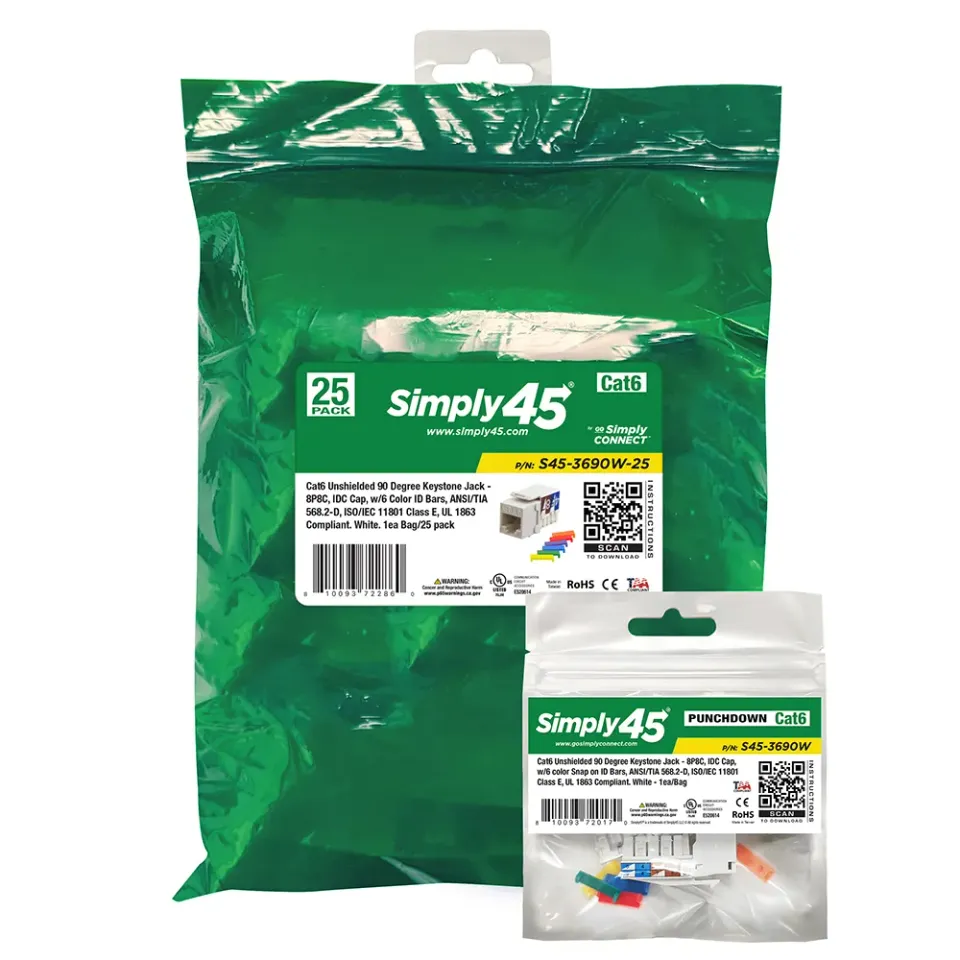 Simply45 Cat6 keystone jack 90° hvid 25-pak UTP
