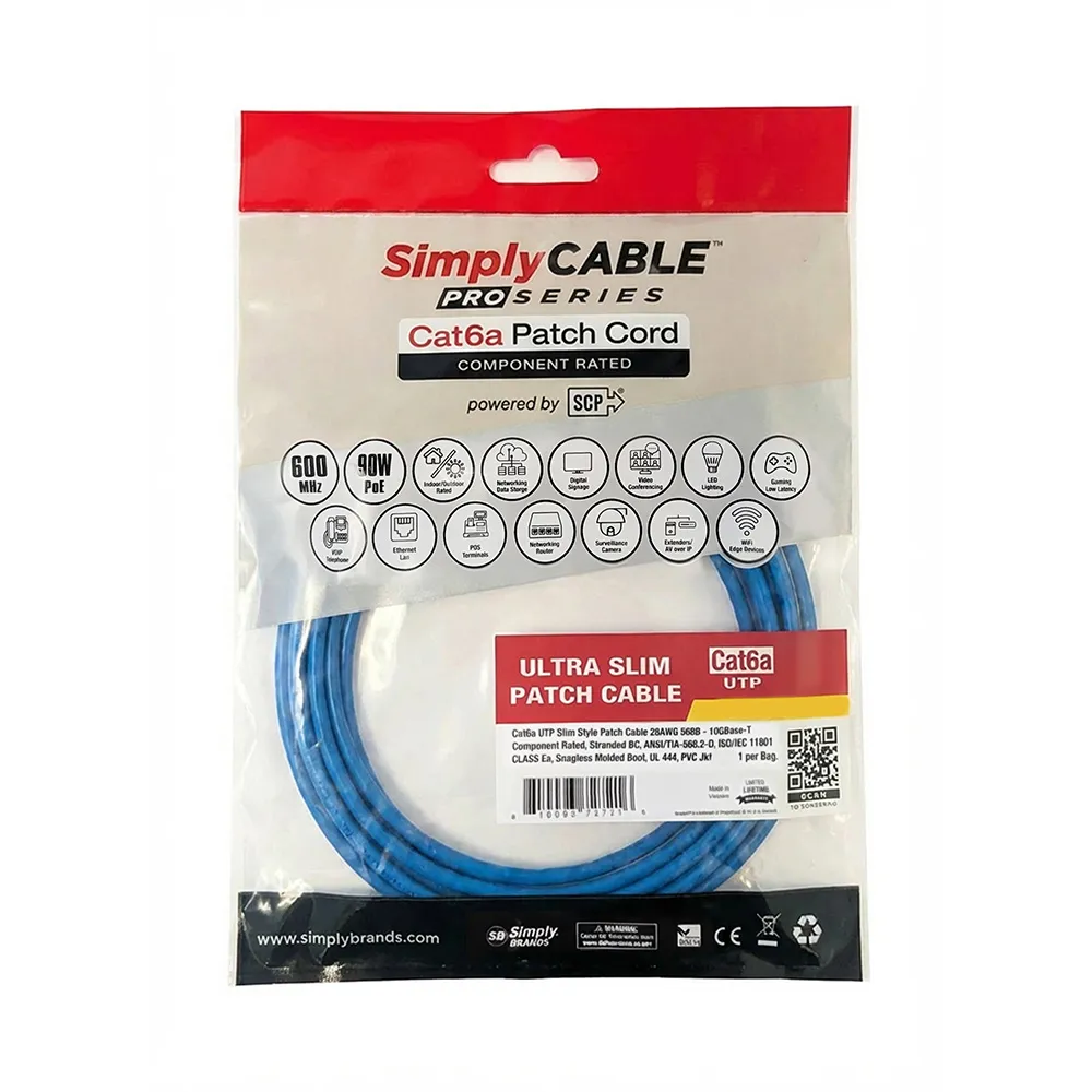 Simply45 Slim Style Cat6a patchkabel 3m blå 28AWG