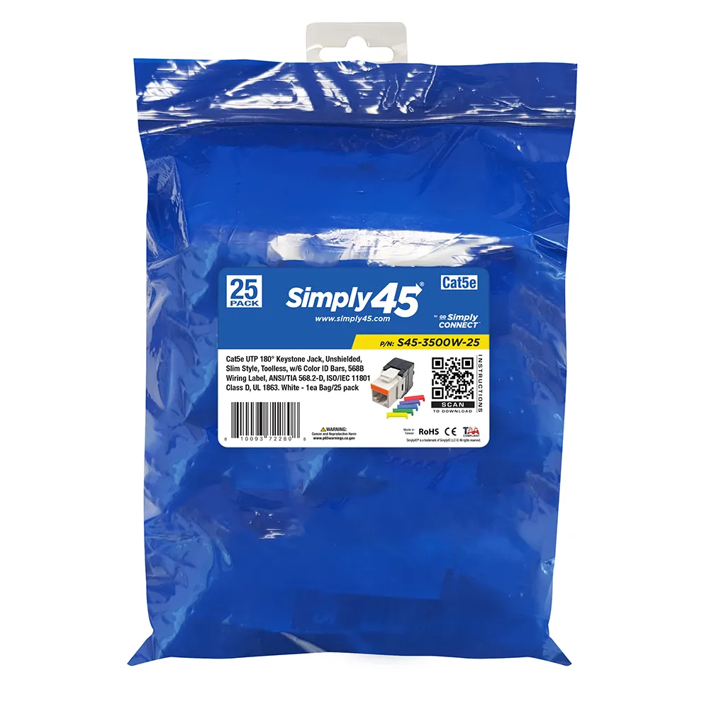 Simply45 Cat5e UTP 180 keystone stik hvid 25-pak uskærmet