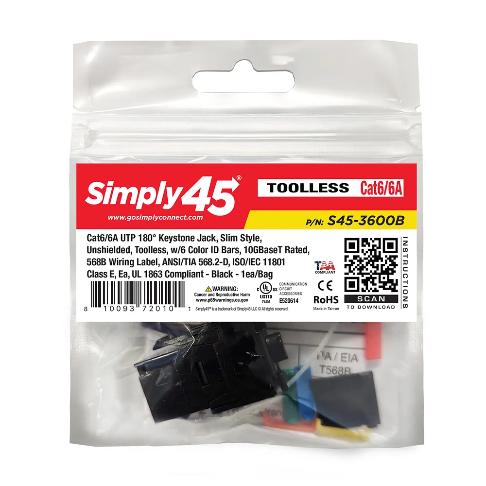 Simply45 Cat6A keystone jack 25 stk sort 180 grader
