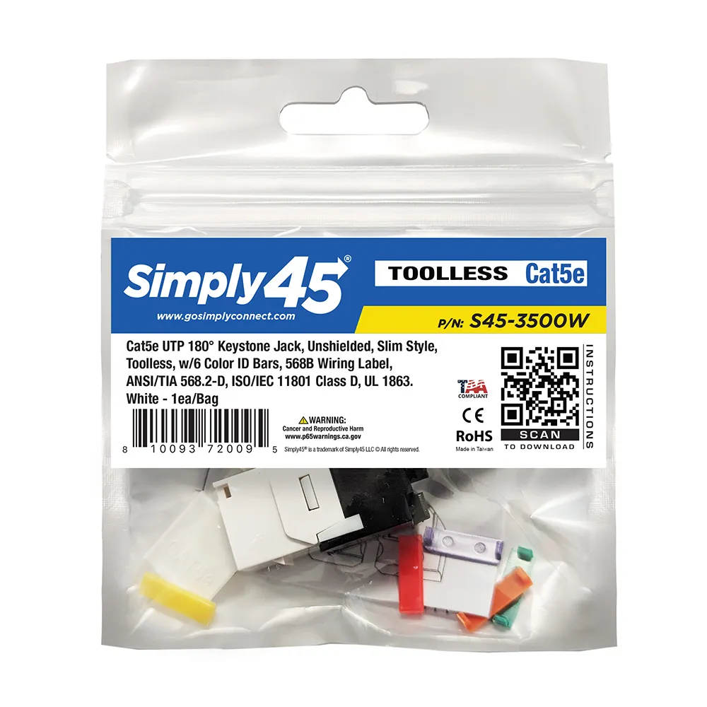 Simply45 Cat5e UTP 180 keystone stik hvid 25-pak uskærmet