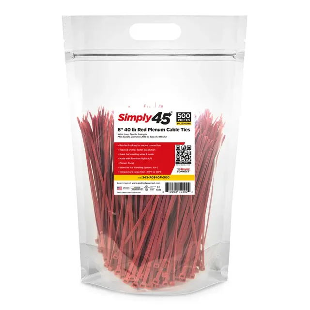 Simply45 8" 40lb UV Red plenum kabelbindere rød 500 stk