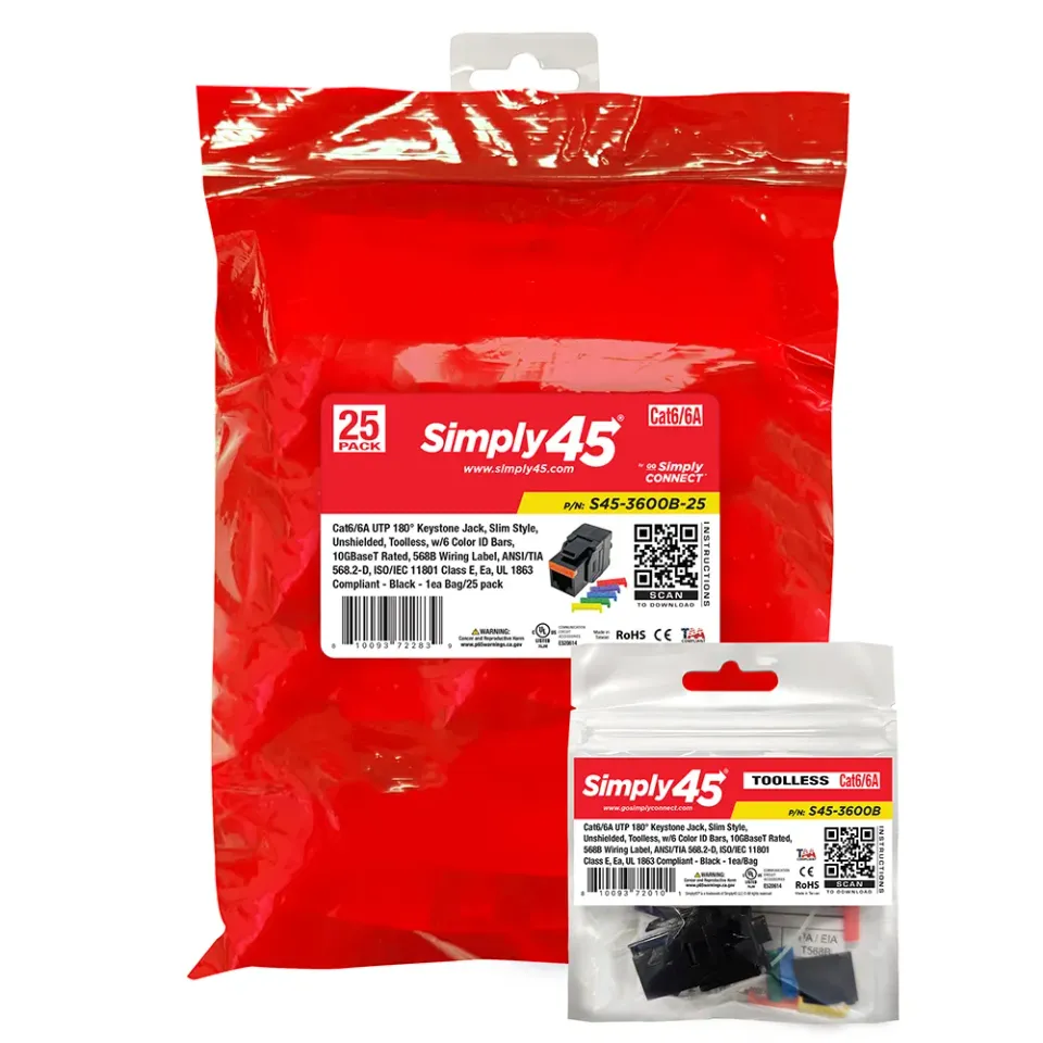Simply45 Cat6A keystone jack 25 stk sort 180 grader