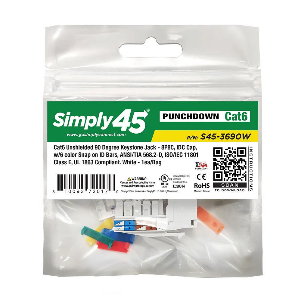 Simply45 Cat6 keystone jack hvid 90 grader uskærmet