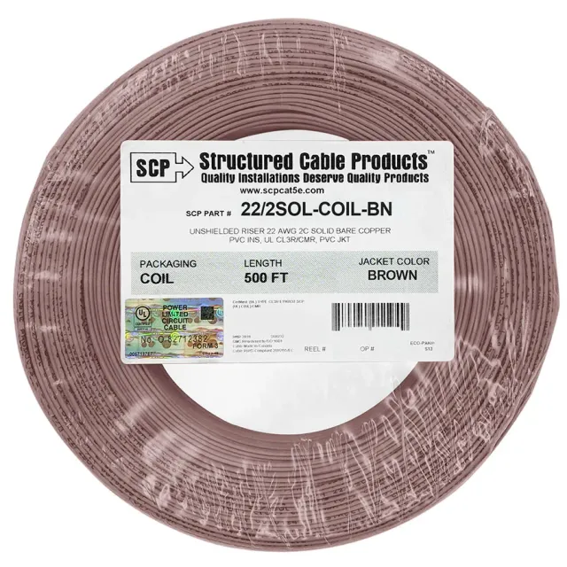 Simply45 22/2SOL-COIL-BN alarmkabel brun 500 ft massiv kobber