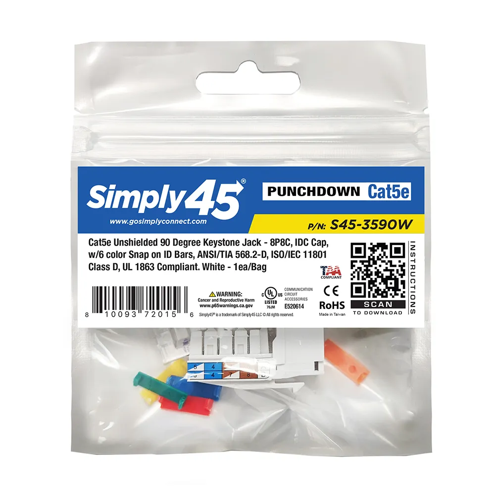 Simply45 Cat5e keystone jack hvid 90 grader uskærmet
