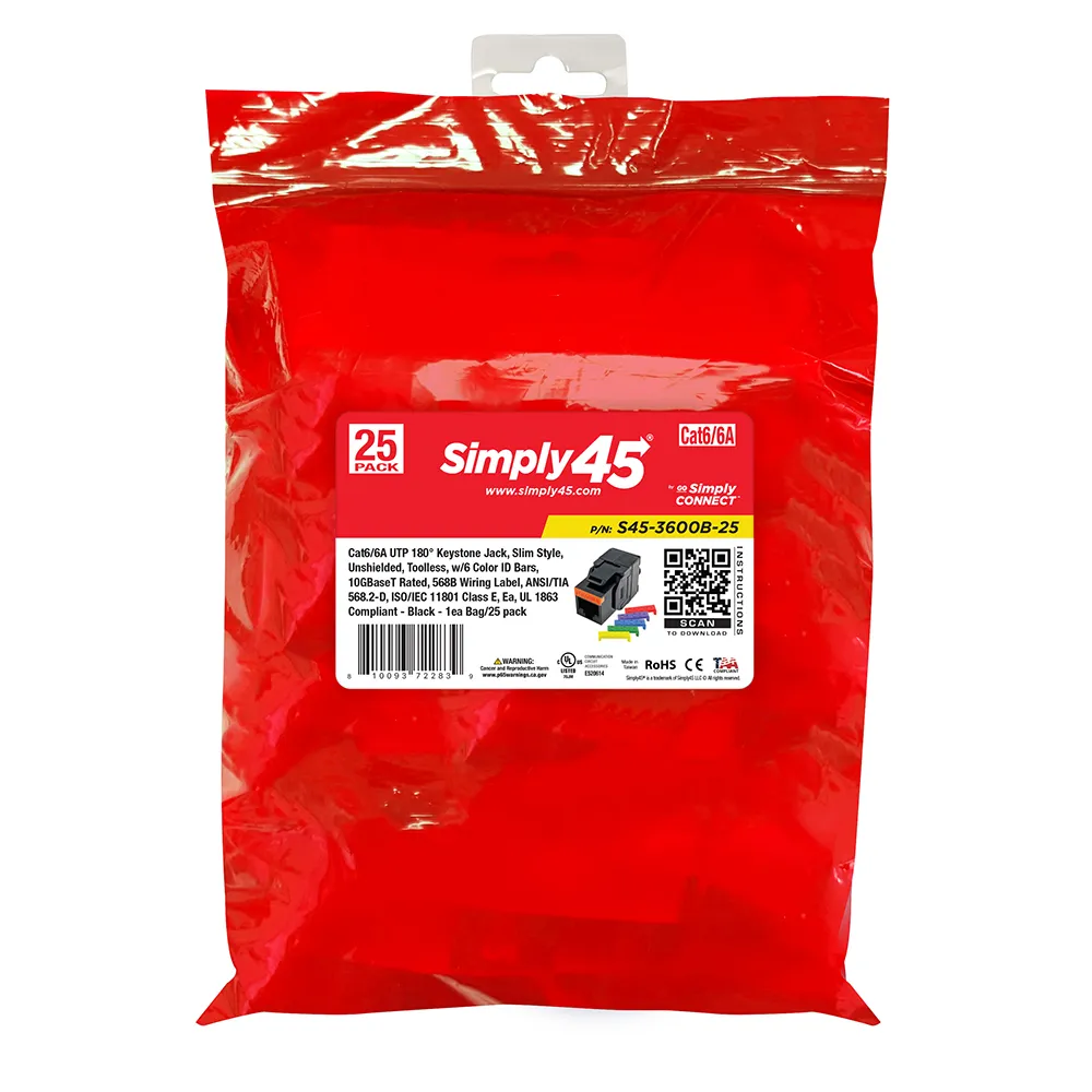 Simply45 Cat6A keystone jack 25 stk sort 180 grader