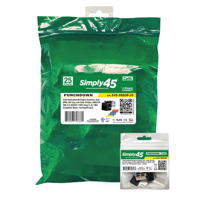 Simply45 Cat6 110 keystone jack sort 25-pak PoE