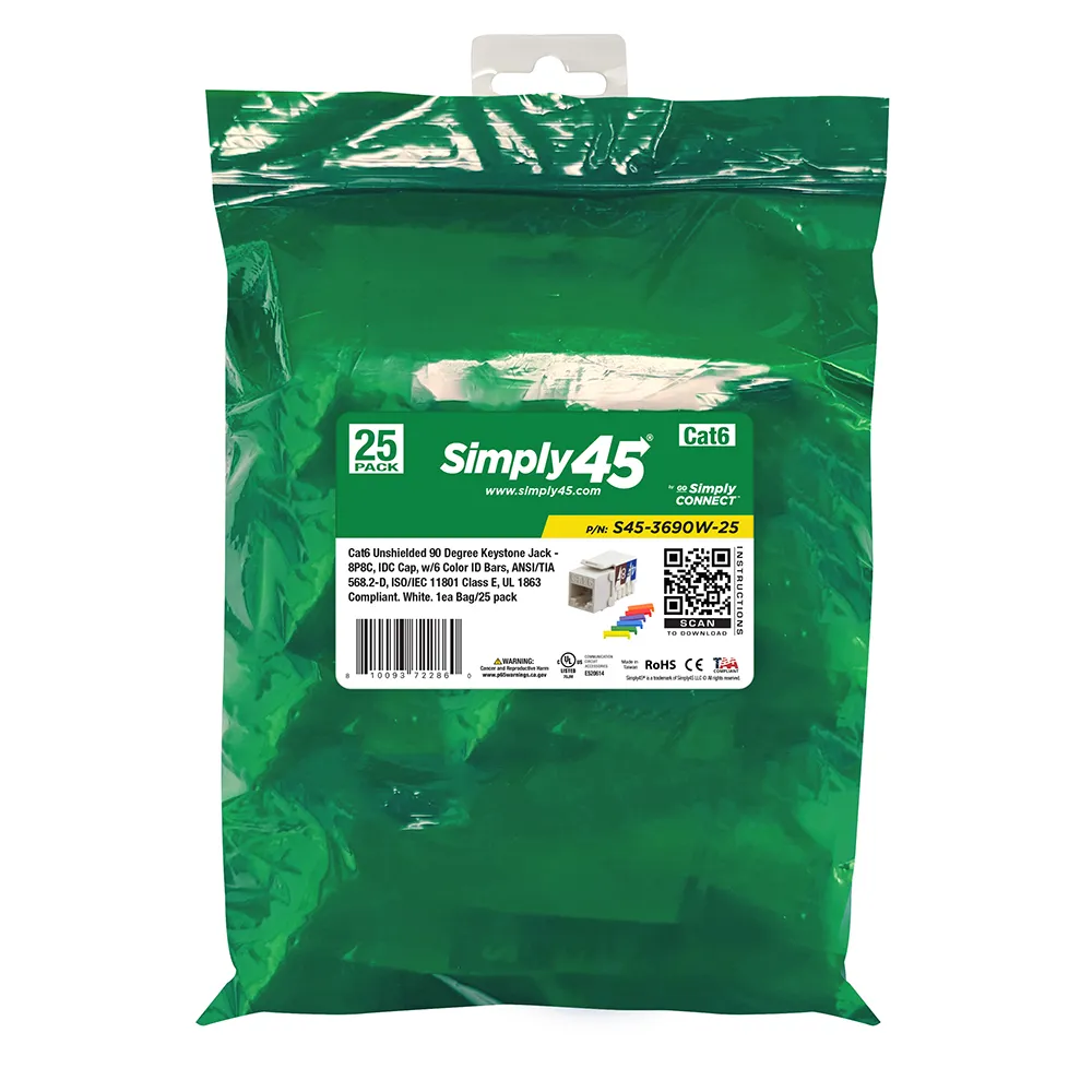 Simply45 Cat6 keystone jack 90° hvid 25-pak UTP