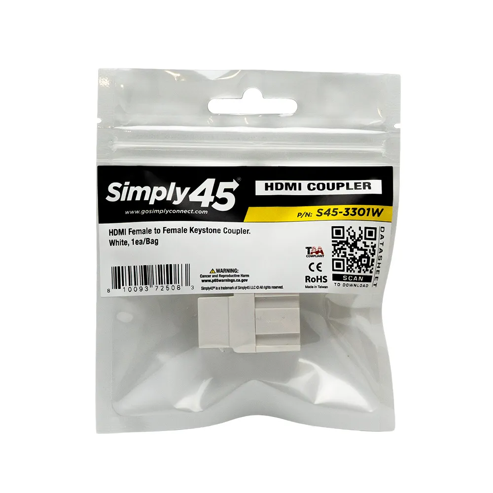 Simply45 HDMI Keystone Coupler kobling hvid 10 stk hun-hun