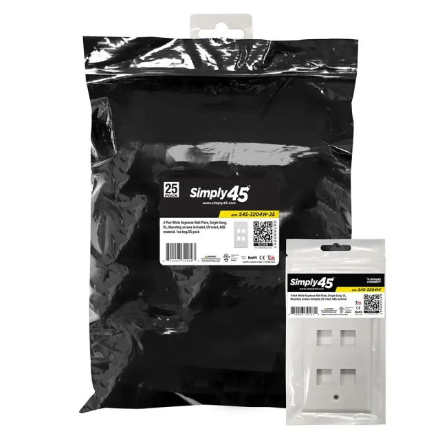 Simply45 S45-3204W-25 keystone vægplade 4-port hvid 25 stk