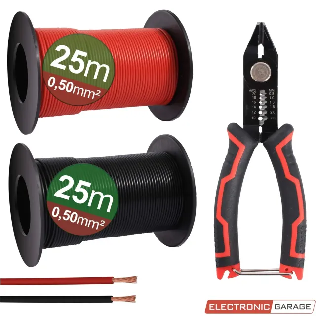 Electronic Garage ledning 0,5 mm² 2x25 m rød sort + tang