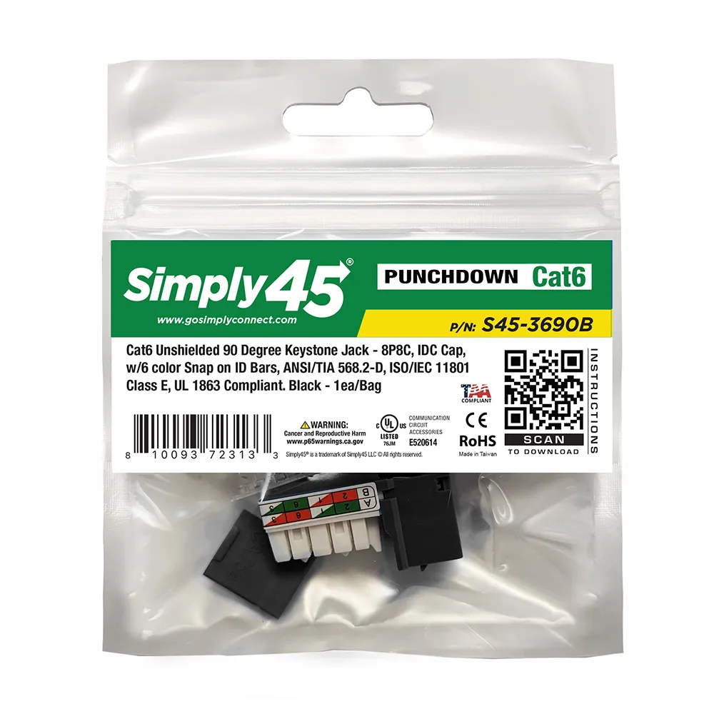 Simply45 Cat6 UTP 90° Keystone netværksstik sort