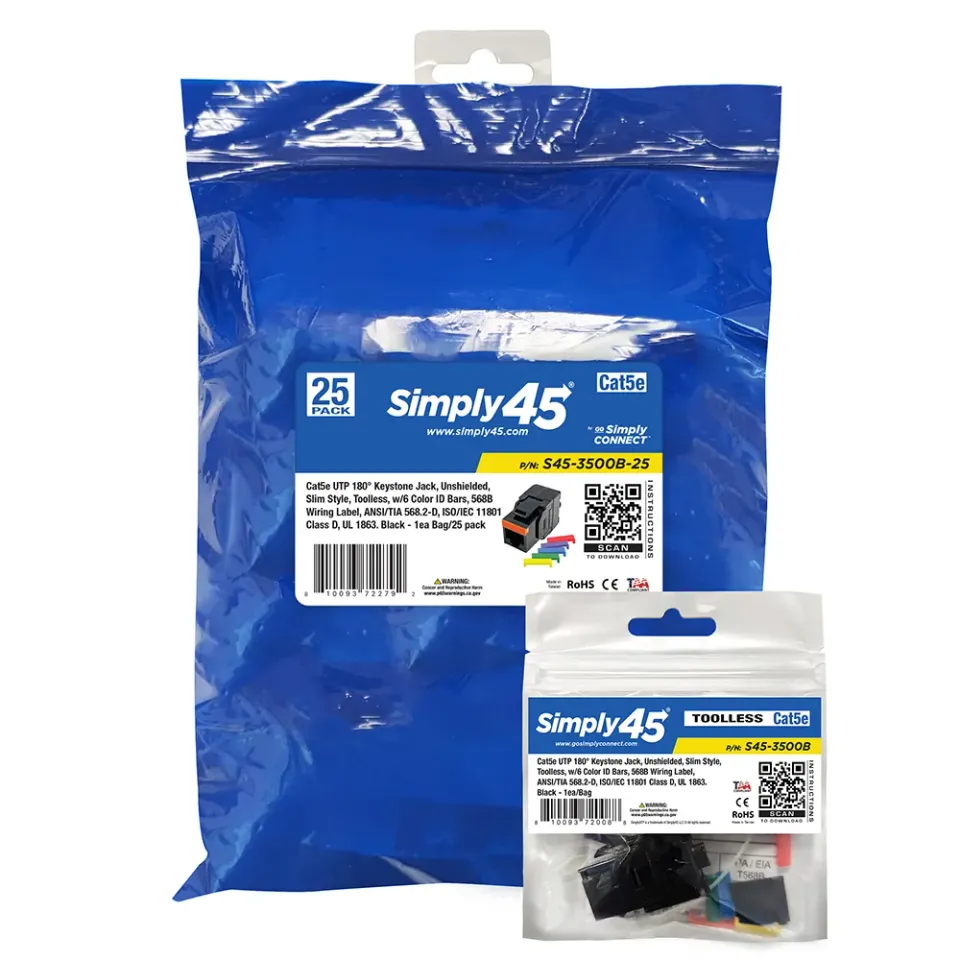 Simply45 Cat5e keystone jack sort 25 stk 180 grader